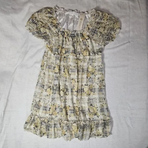 Mini Milkmaid Babydoll Puff Sleeve Dress M Sheer Lace Floral Plaid Twee Yellow - Picture 1 of 12